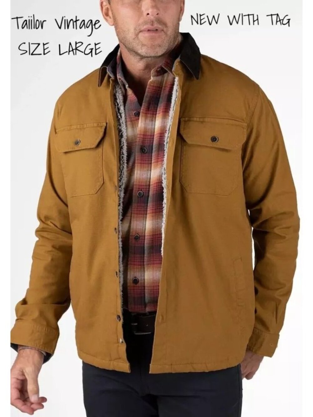 Vintage Stretch Canvas Shirt Jacket with Sherpa Lining - Large, New with Tag